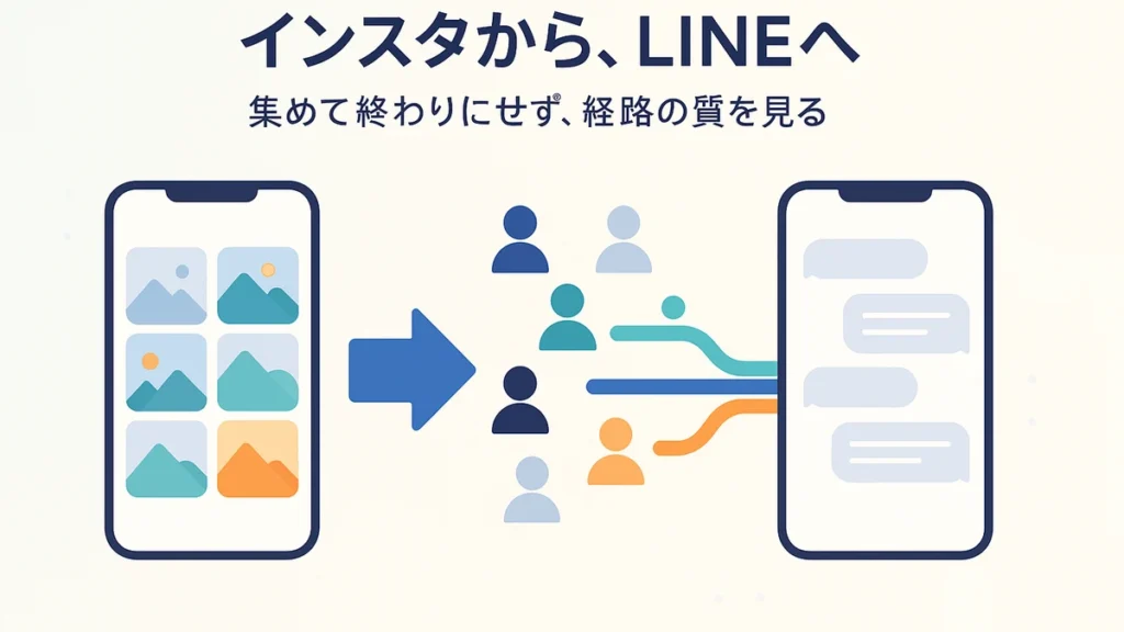 写真共有アプリからメッセージアプリへ人を誘導し、経路ごとに分けて記録する設計を表したアイキャッチ画像
