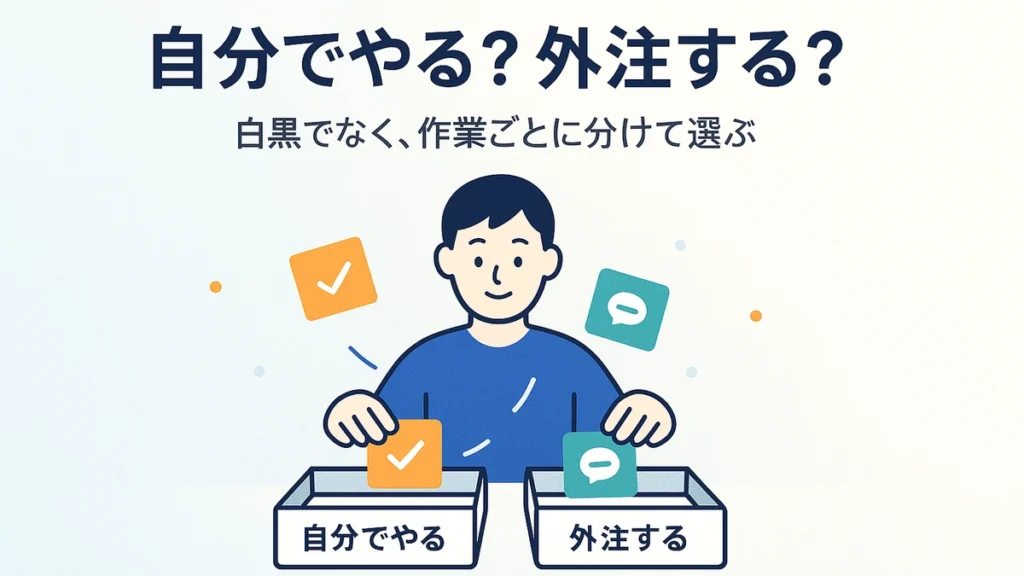 自分でやるか外注かを白黒で決めず、作業ごとに「自分で」「最初は頼る」に仕分ける考え方を表したアイキャッチ画像