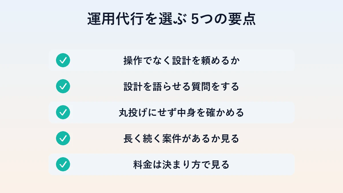 運用代行を選ぶときの5つのチェック項目の図