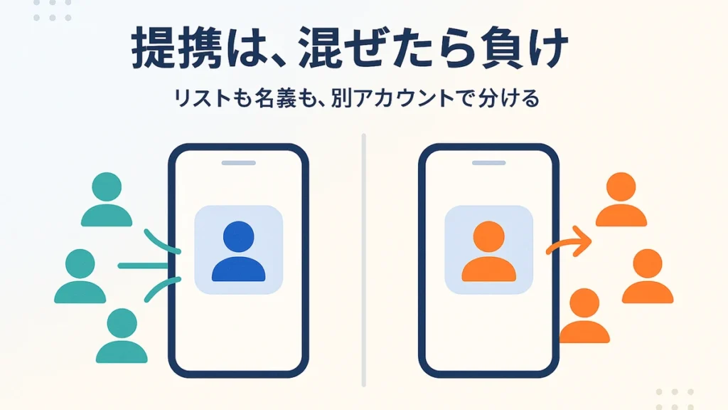 提携クロスセルでリストと名義を別アカウントに分け、自社の既存客と混ぜない設計を表したアイキャッチ画像