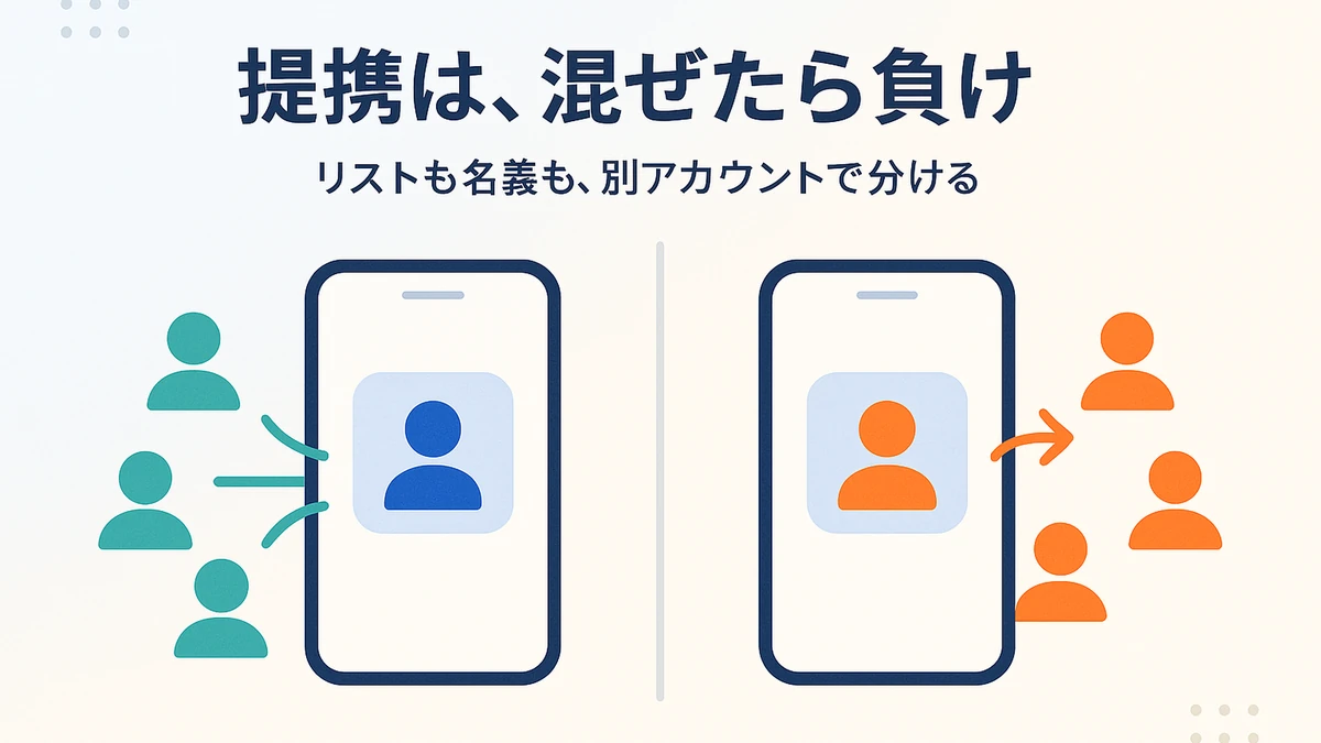提携クロスセルでリストと名義を別アカウントに分け、自社の既存客と混ぜない設計を表したアイキャッチ画像