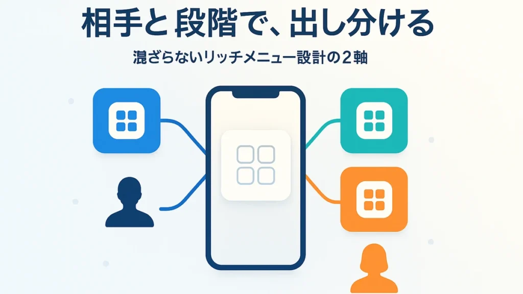 1つのアカウントでも相手と段階に応じてリッチメニューを混ざらず出し分ける設計を表したアイキャッチ画像