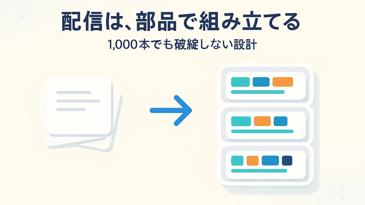 ステップ配信を1本ずつ書かず、部品を組み合わせて用途ごとに整理し大量でも破綻させない設計を表したアイキャッチ画像