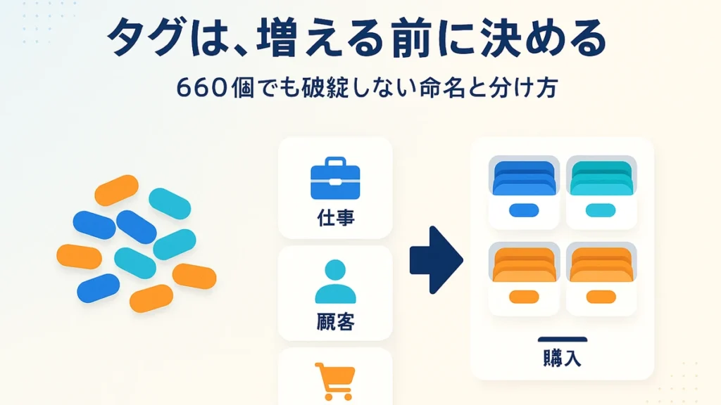 タグを増える前に命名と分け方のルールで整理し、数が増えても混ざらない設計を表したアイキャッチ画像