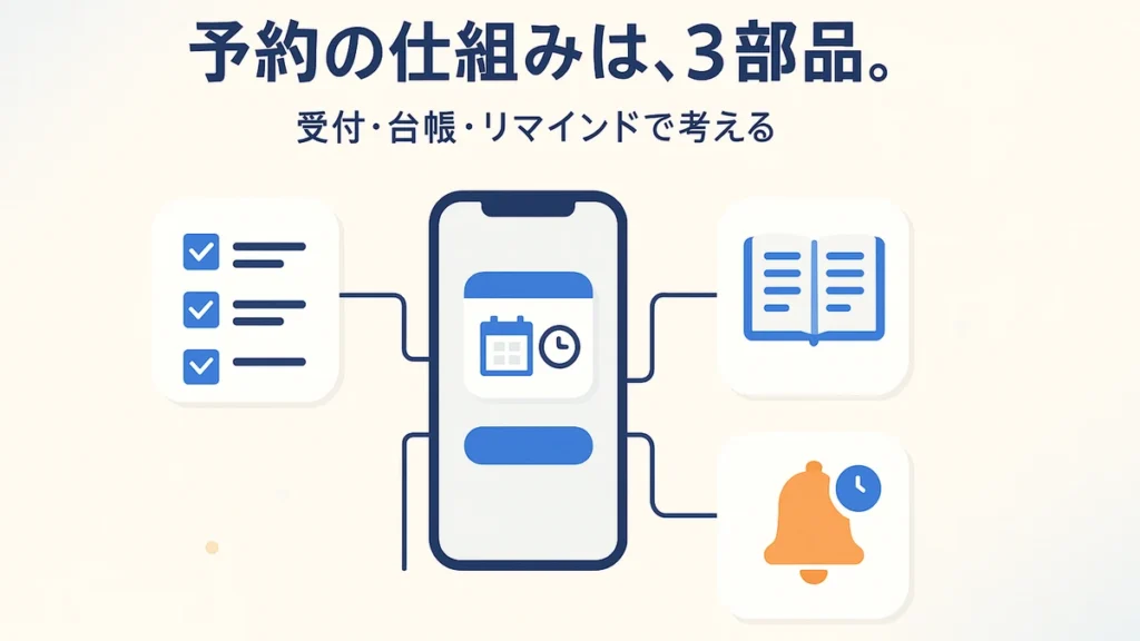 LINEの予約の仕組みを受付・台帳・リマインドの3つの部品に分けて表したアイキャッチ画像